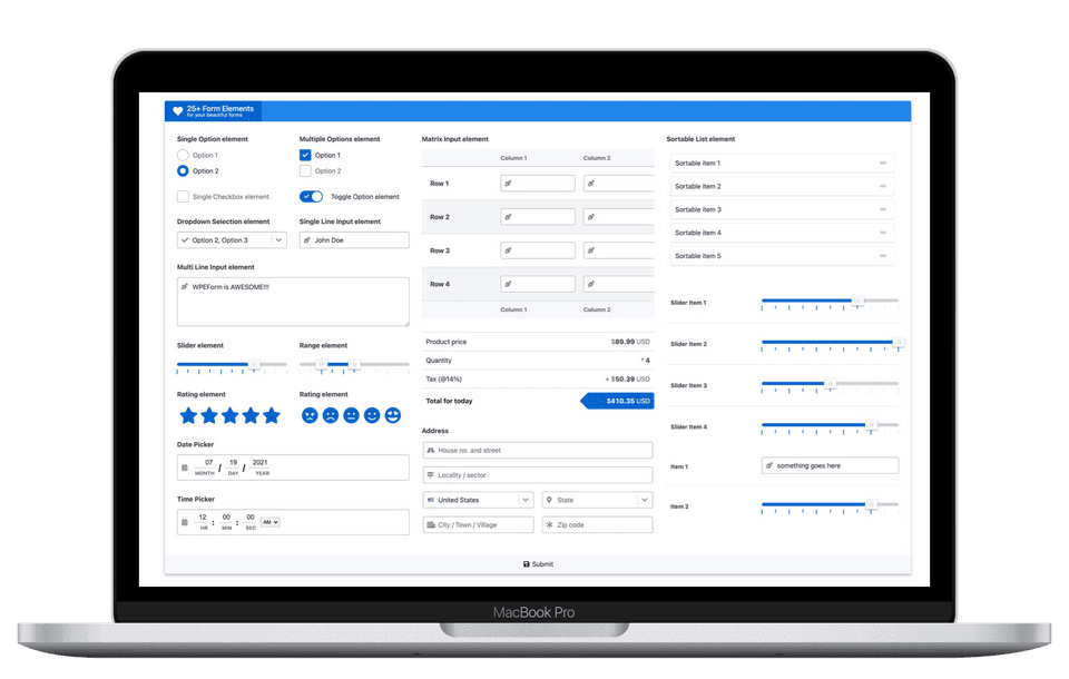 Various form elements from choices to inputs for all your requirements.