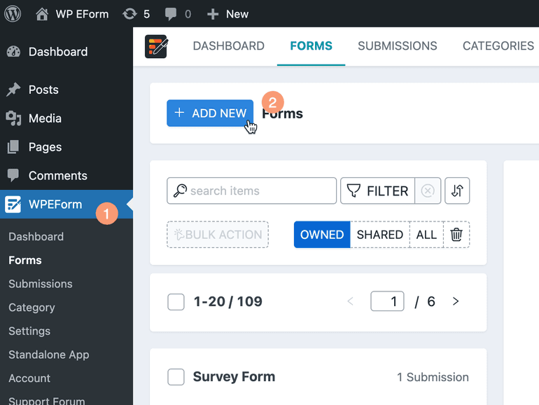 Create form from WordPress Admin