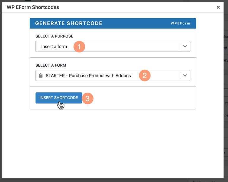 Insert Shortcode Using WPEForm Shortcode Generator