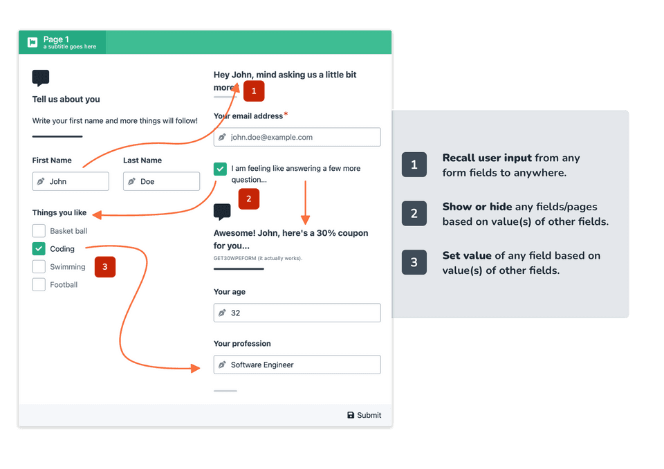 Powerful conditional logic with recallable user inputs