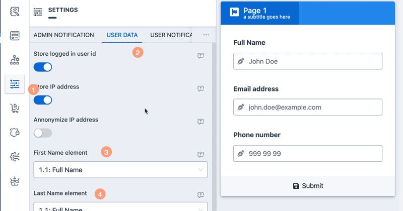 Add primary first name, last name, email and phone number fields in a form