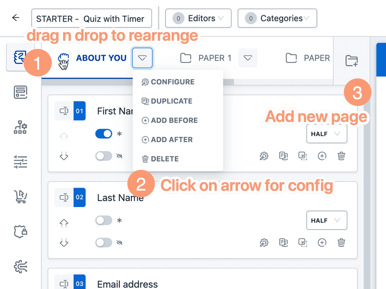 Form pages interface of WPEForm Form pages interface