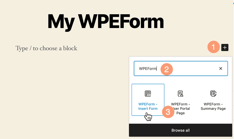 Search for WPEForm in Blocks Searching WPEForm Block