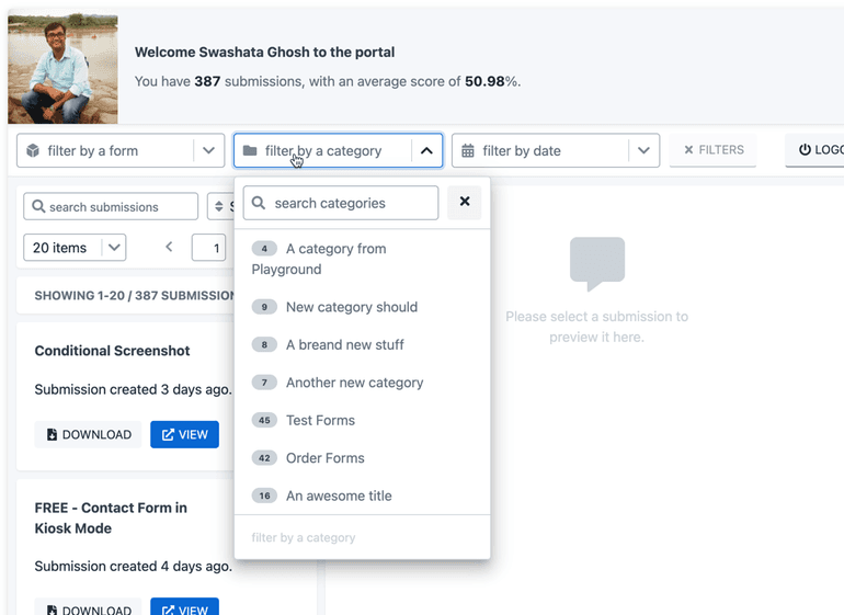 User Portal Filter Submissions by Category